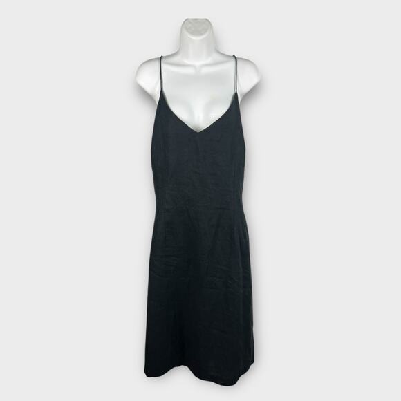 H & M Black Linen Spaghetti Strap Midi Dress Size 14 V-Neck Minimalist Classic - Picture 1 of 6